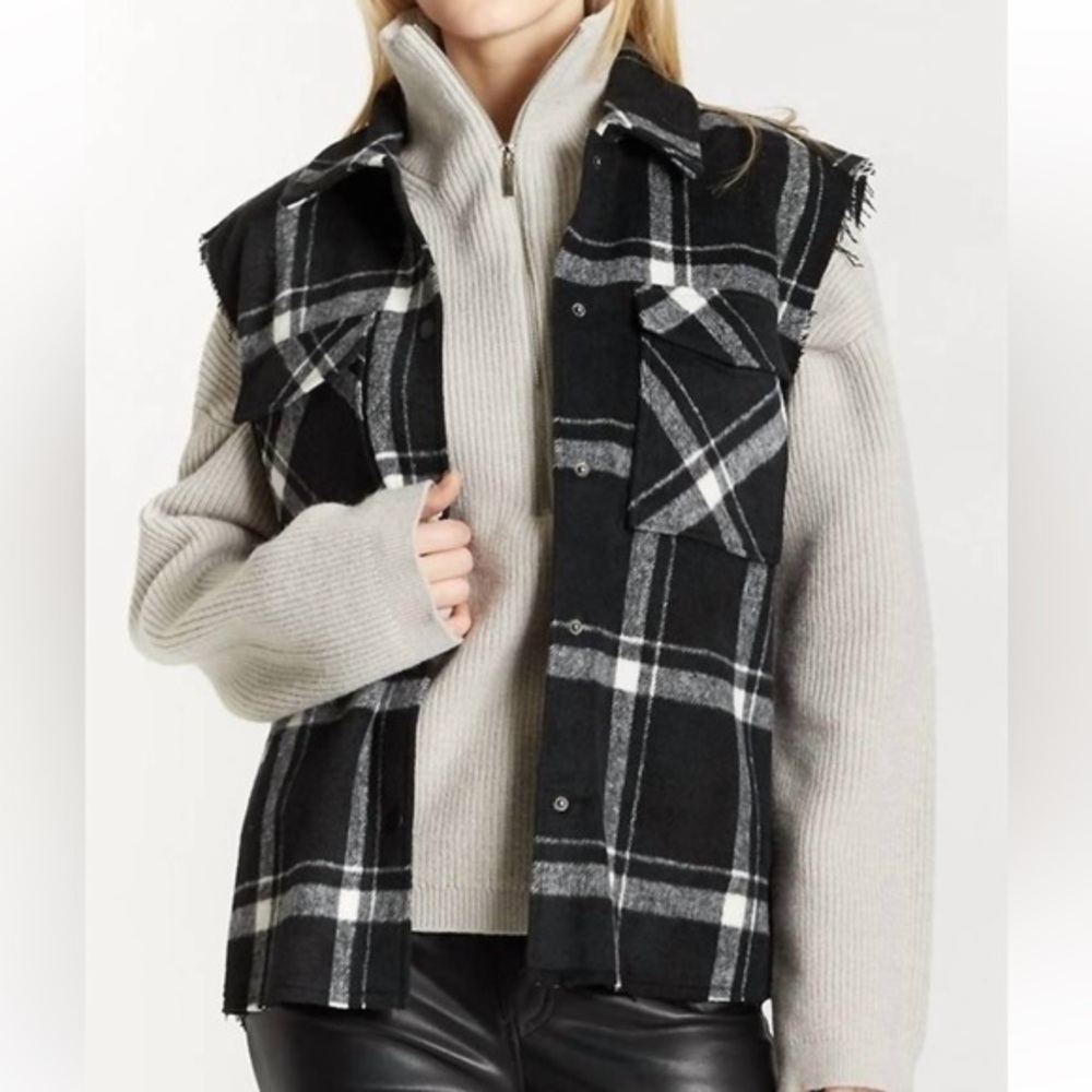 OAT NEW YORK NWT  WOMEN’S PLAID HUNTER VEST FRAYED BLACK WHITE SZ XL